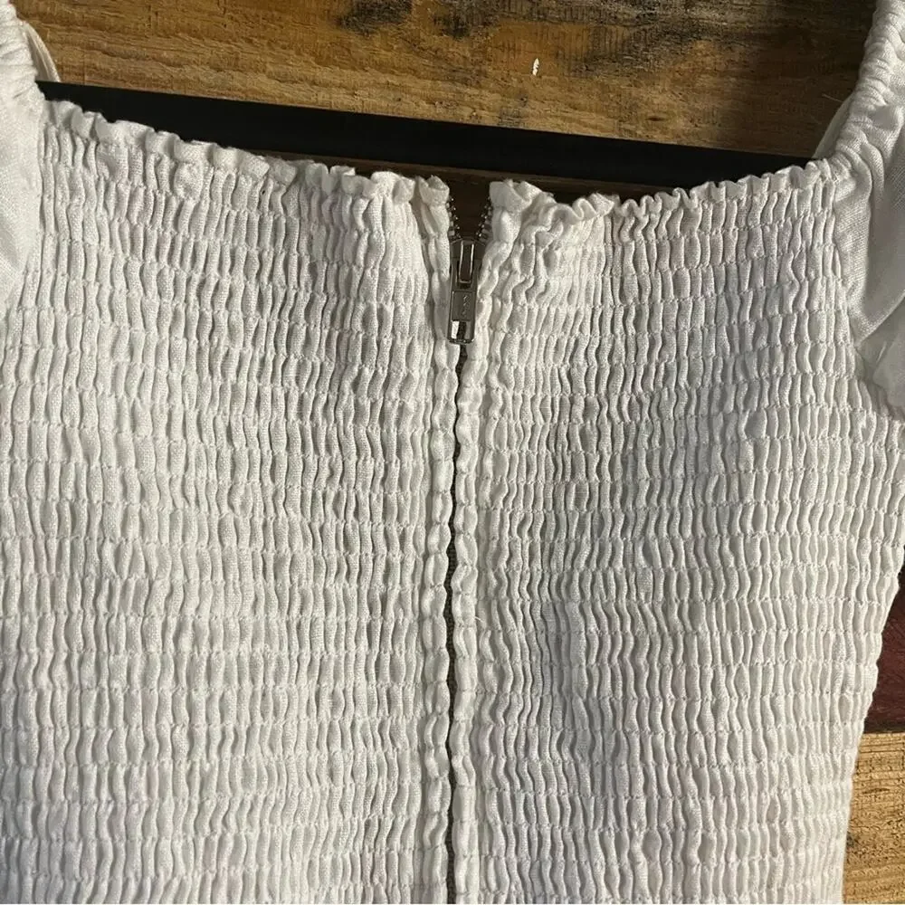 Reformation White Puff Sleeve Smocked Back Top